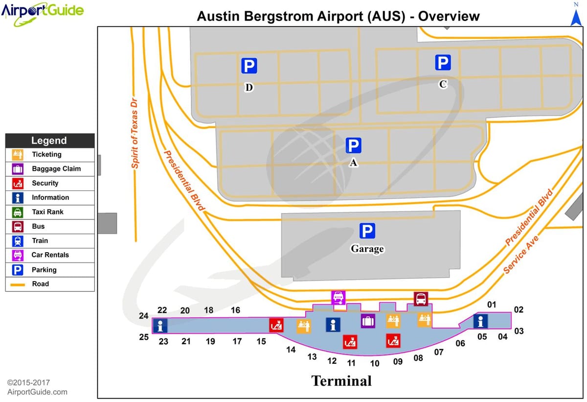 Austin Bergstrom aeroporti ndërkombëtar hartë